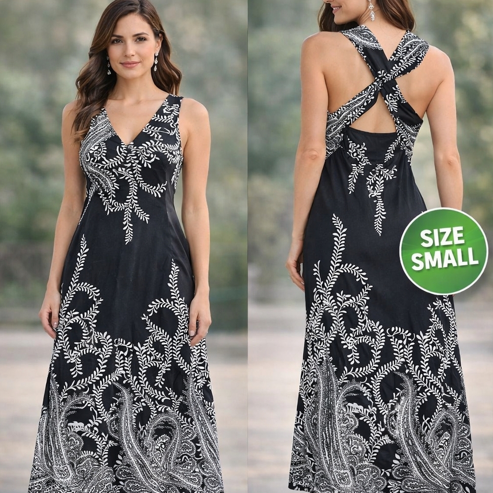 Black and White Printed Crisscross Back Maxi Dress - Small